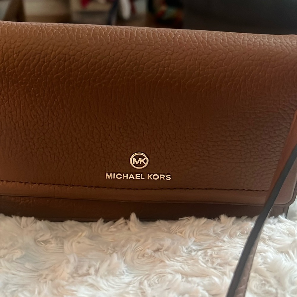 Michael Kors crossbody, tan/gold, NWT, sticker had to removed from inside.